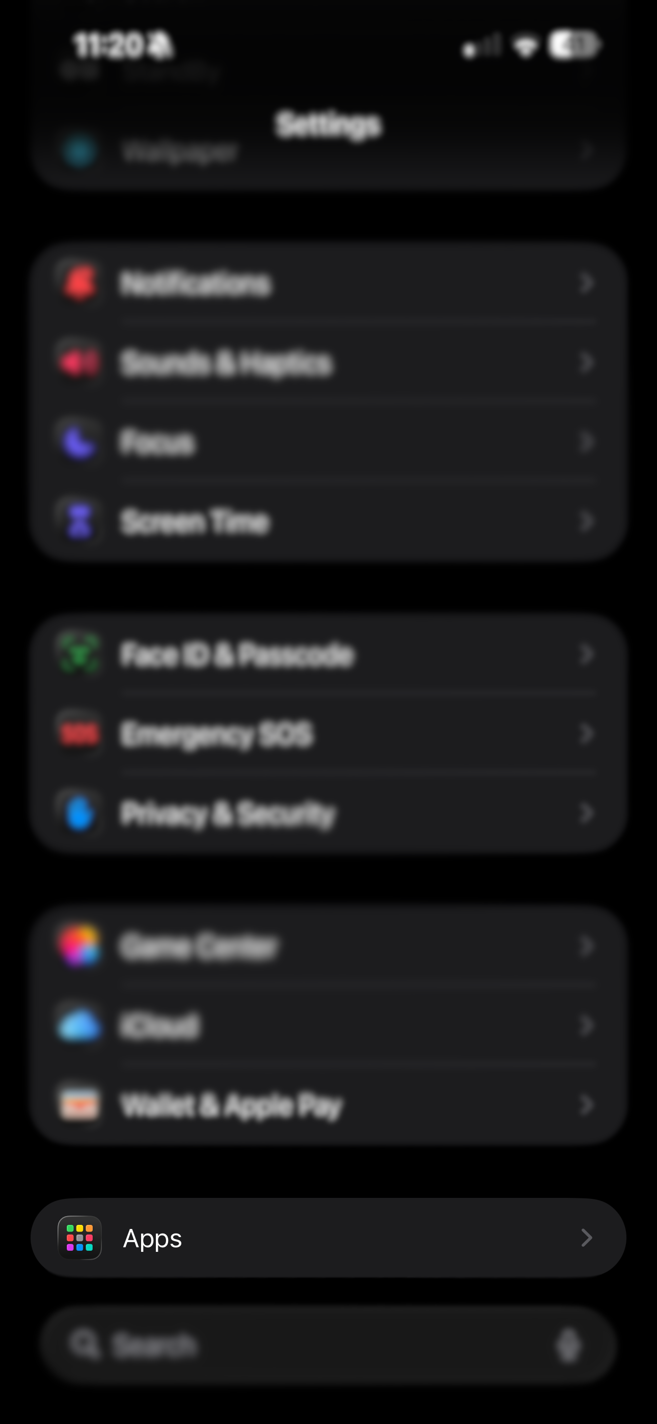 Settings app list with Apps section